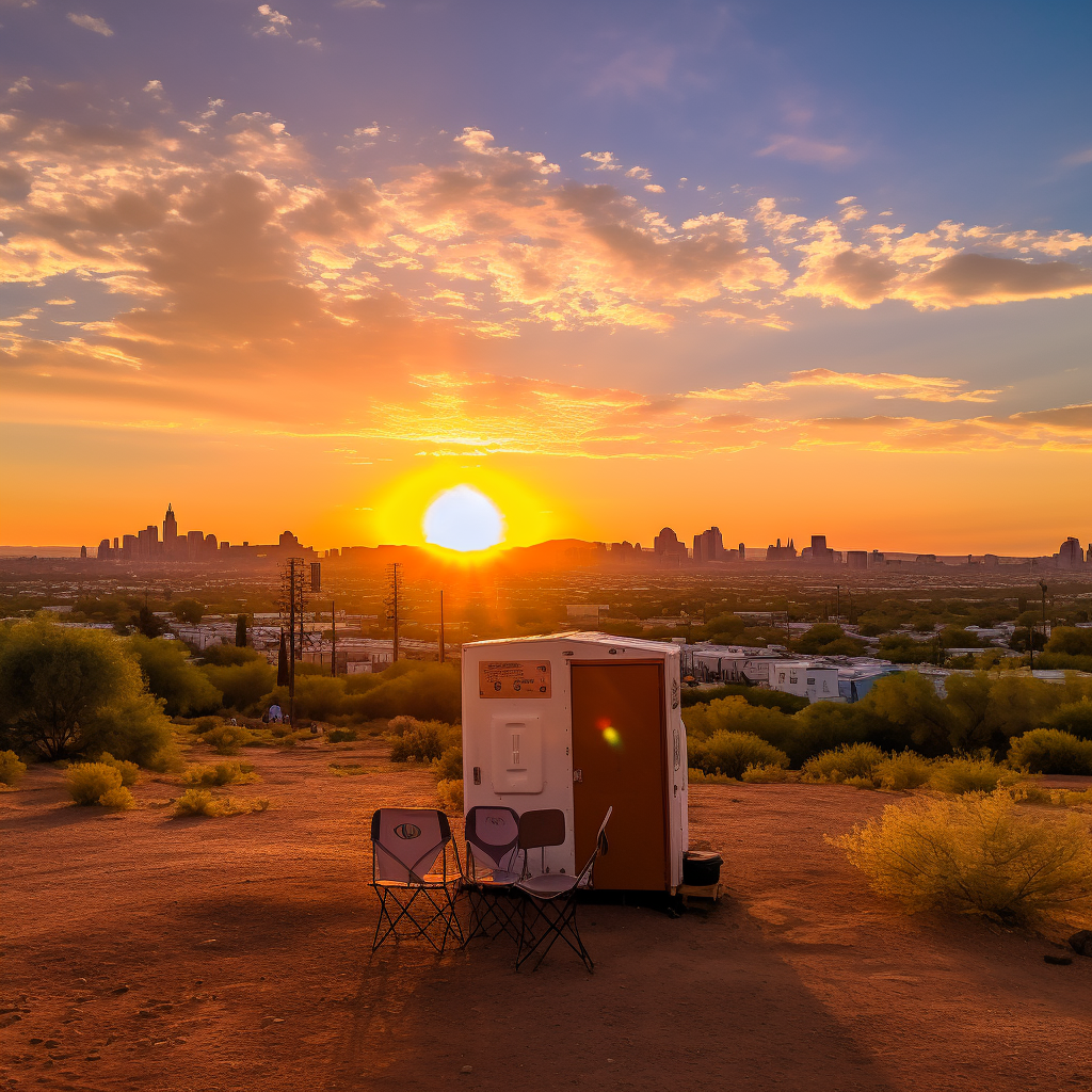 A sunrise backdrop in Phoenix with Phoenix Porta Potty Rental in the foreground.