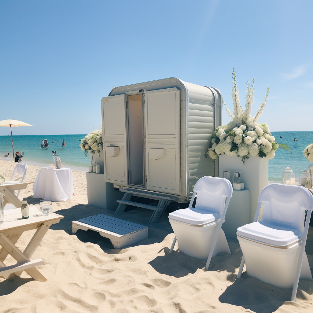 Beach wedding setup with a Luxury Porta Potty Rental on the side.