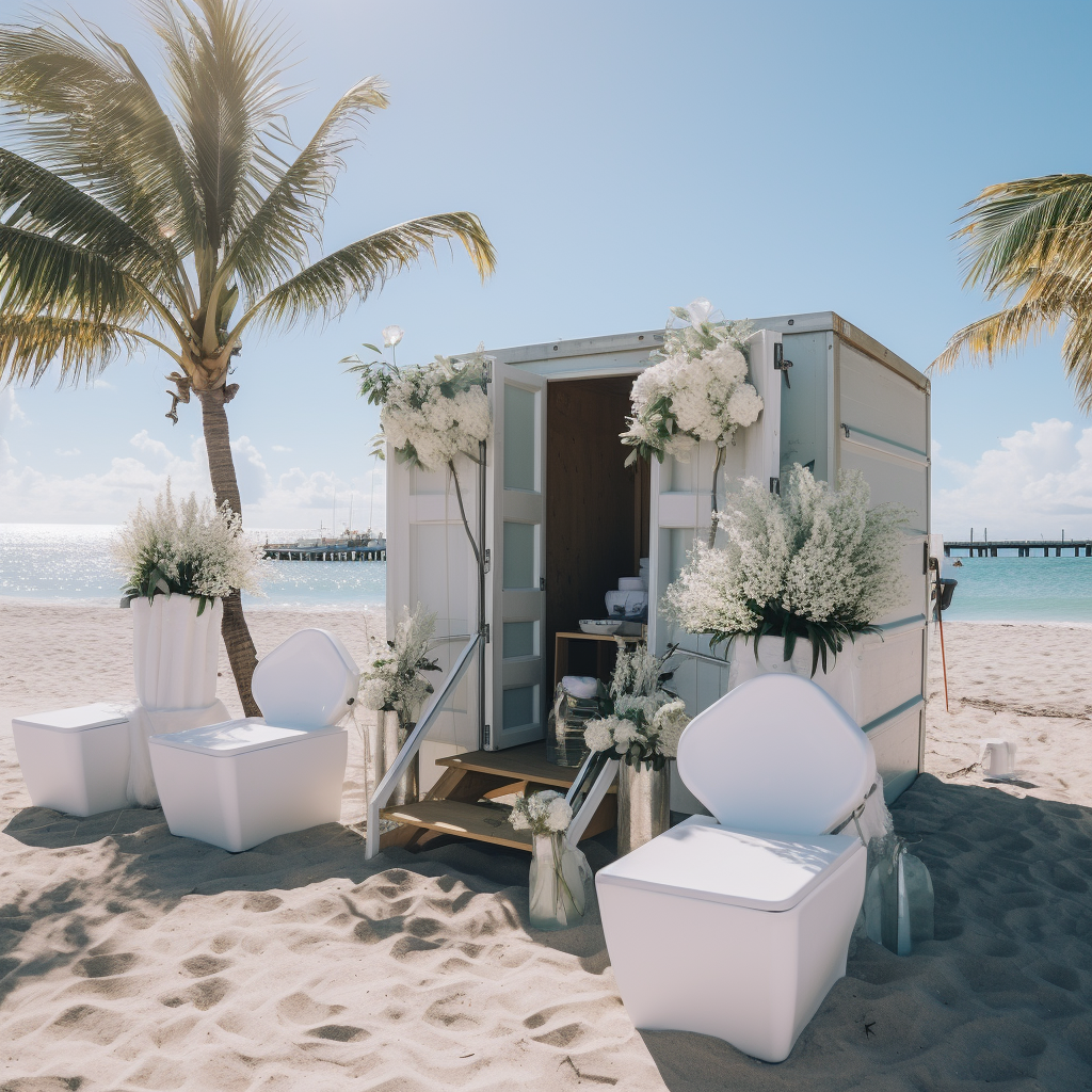 Beach wedding setup with a Luxury Porta Potty Rental on the side.