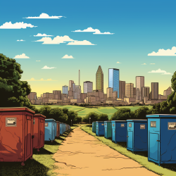 Illustration of Dallas skyline with a line of porta potties.