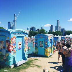 Summer festival in Milwaukee with the Portable Restrooms for Disaster Relief prominently shown