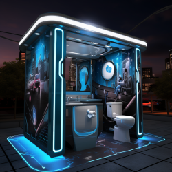 Tech-themed image promoting Portable Restroom Software.